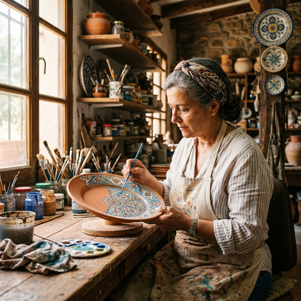 Artisan painting intricate patterns on clay plate